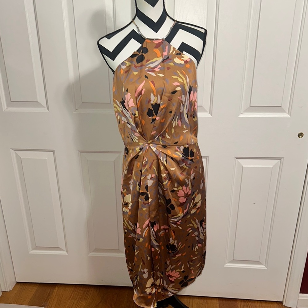 Reiss Brown Paola Print Ruched Halter Sheath Dress